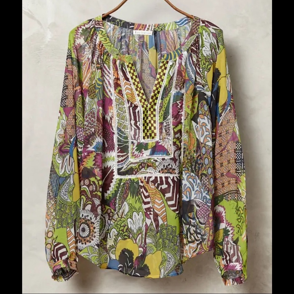 Boho Printed Peasant Blouse - Multicolor